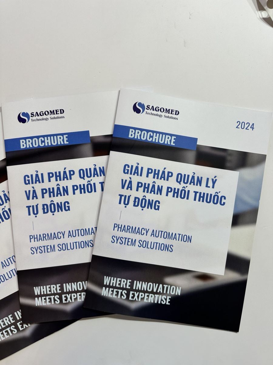 Brochure giới thiệu chi tiết về giải pháp quản lý và phân phối thuốc tự động của Sagomed, thu hút sự quan tâm của các bệnh viện và cơ sở y tế